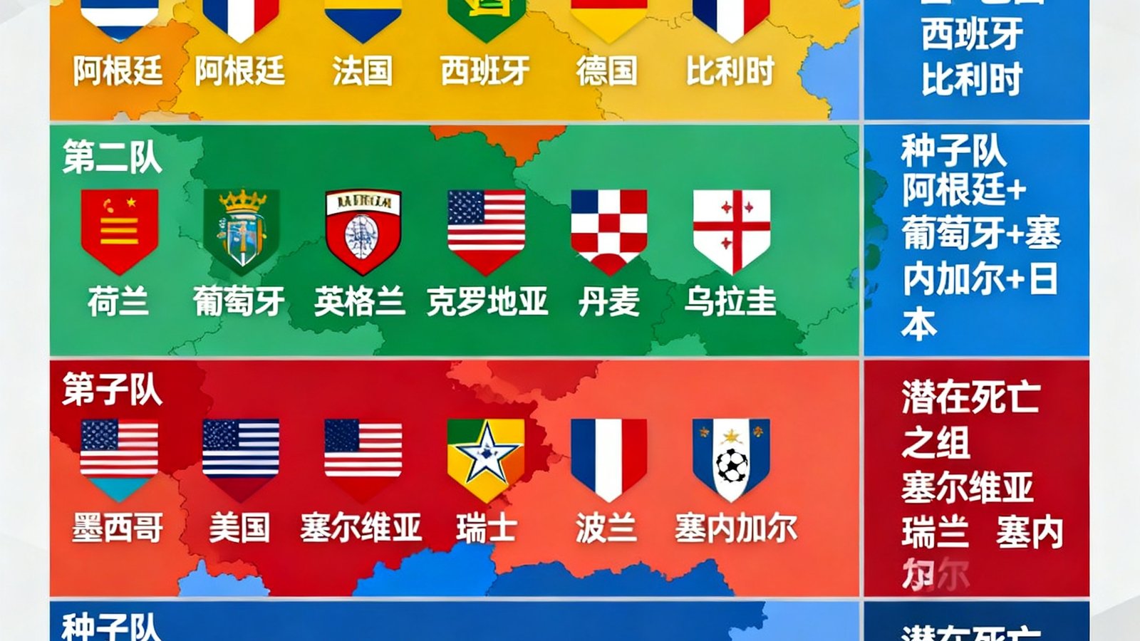 2026世界杯小组抽签分档预测图表，展示48支球队按FIFA排名分为四档的彩色分布图，标注了各档种子队和潜在死亡之组